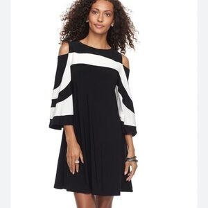 NINA LEONARD Draped Sleeve Black & White Cold Shoulder Colorblock  Dress L NWOT